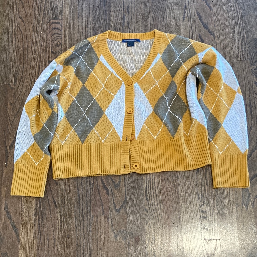 French Connection Mustard and Gray Argyle Cardigan